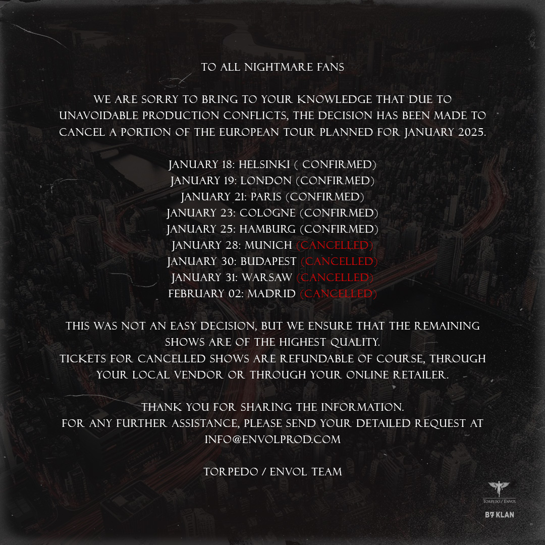 mensaje cancelación algunos conciertos nightmare gira europea